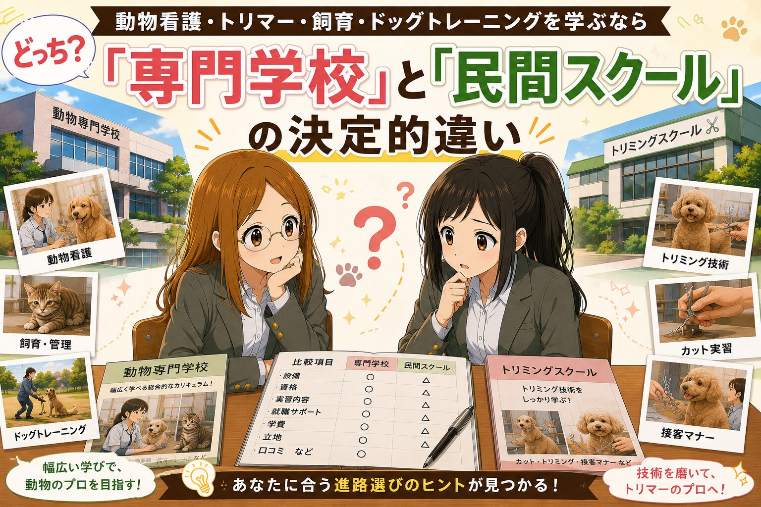 「動物看護・トリマー・飼育・ドッグトレーニングを学ぶならどっち？「専門学校」と「民間スクール」の決定的違い」