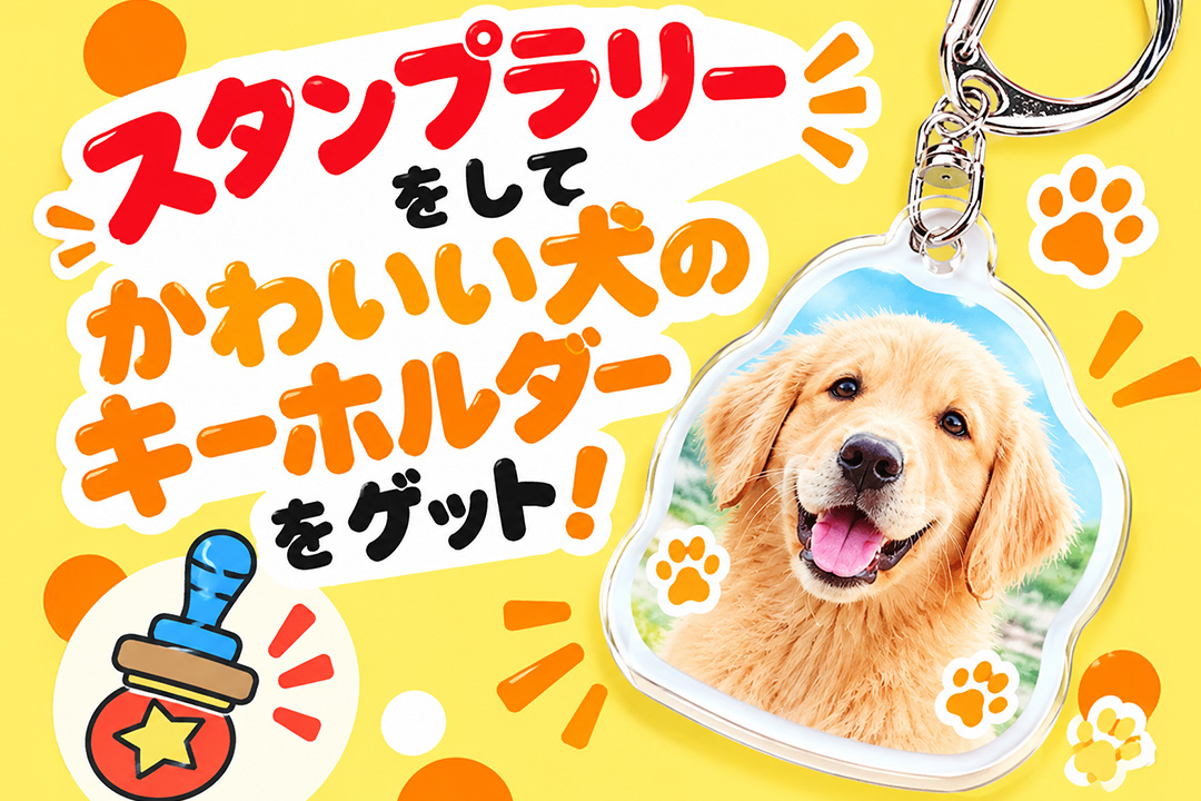 「スタンプラリーをしてかわいい犬のキーホルダーをゲット！」と書かれた笑顔の犬のキーホルダーの紹介画像