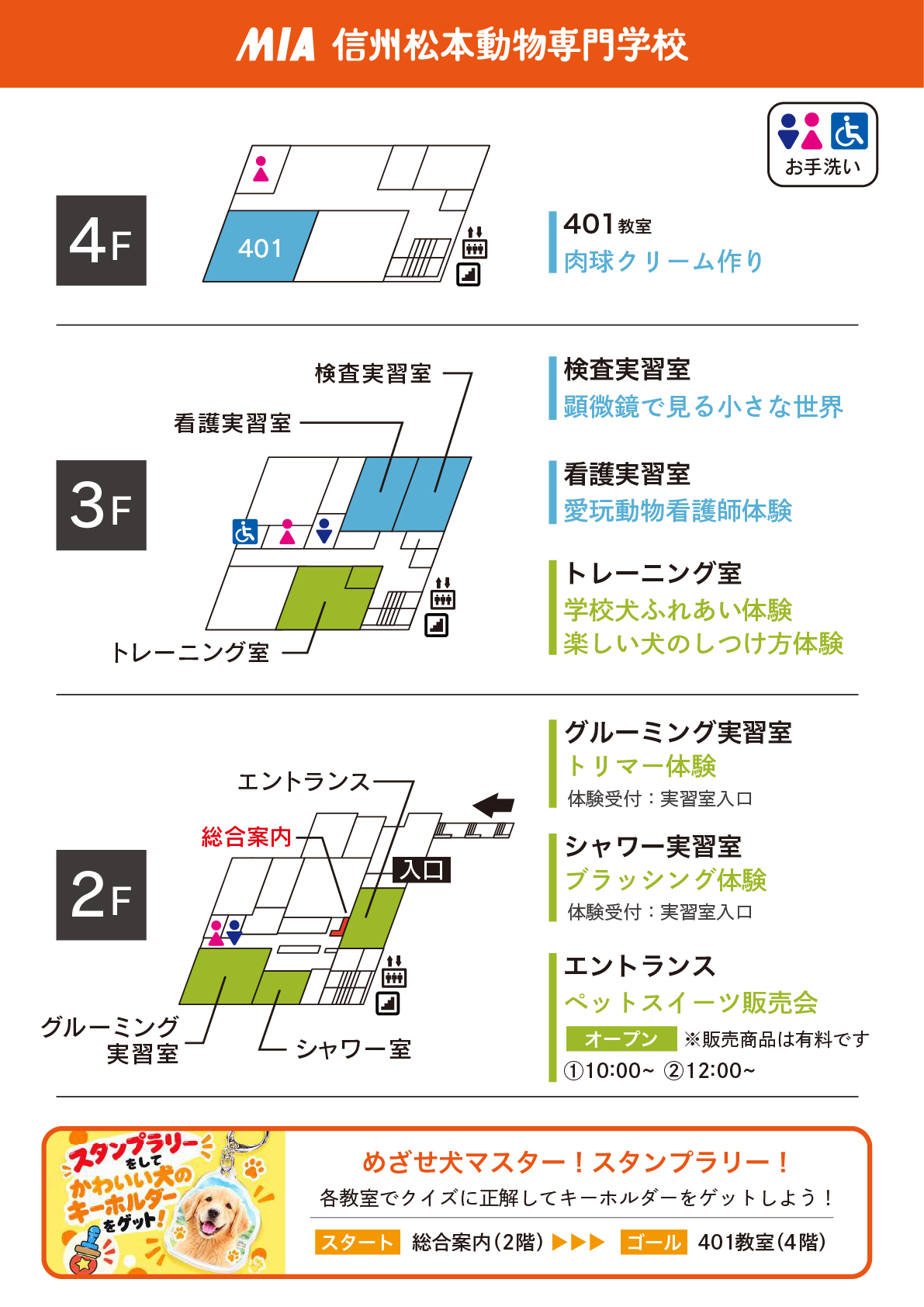 2階：エントランスにてペットスイーツ販売会、グルーミング実習室にてトリマー体験、3階：臨床検査室にて顕微鏡で見る小さな世界、看護実習室にて愛玩動物看護師体験、トレーニング室にて学校犬ふれあい体験・楽しい犬のしつけ方体験、4階：401教室にて肉球クリーム作り、402教室にてブラッシング体験