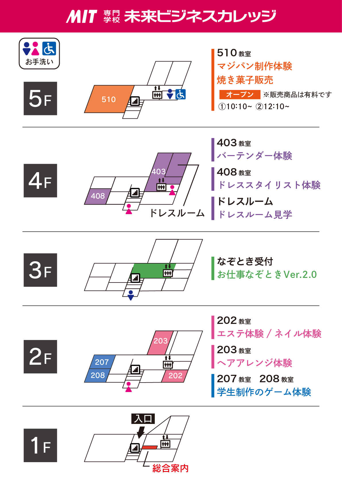 1階：総合受付、2階：202教室にてエステ体験・ネイル体験、203教室にてヘアアレンジ体験、207教室・208教室にて学生制作のゲーム体験、3階：階段踊り場にてお仕事なぞとき受付、4階：403教室にてバーテンダー体験、408教室にてドレススタイリスト体験、ドレスルームにてドレスルーム見学、5階：510教室にてマジパン制作体験・焼き菓子販売