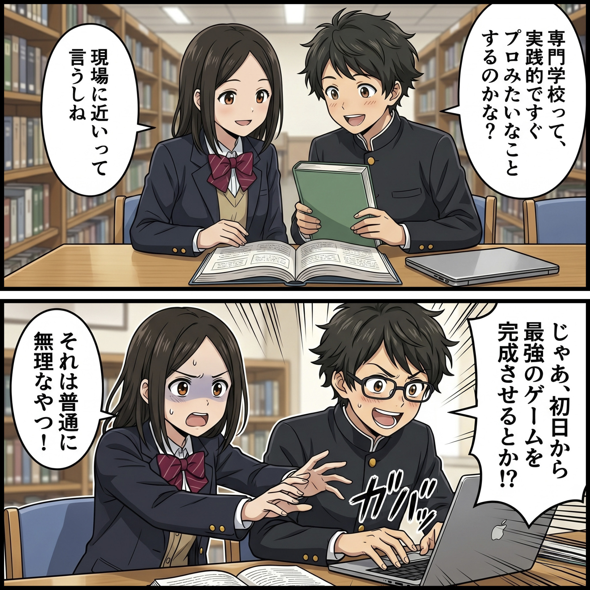 未来ビジネスカレッジコラム_専門学校と大学の違いを解説_図書館で話し合う高校生たち