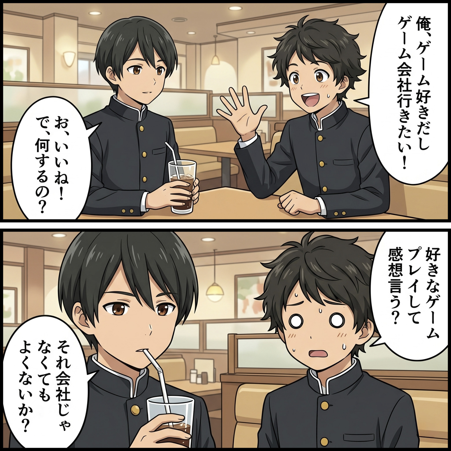 未来ビジネスカレッジコラム_やりたいことが見つからない_カフェで相談し合う高校生たち