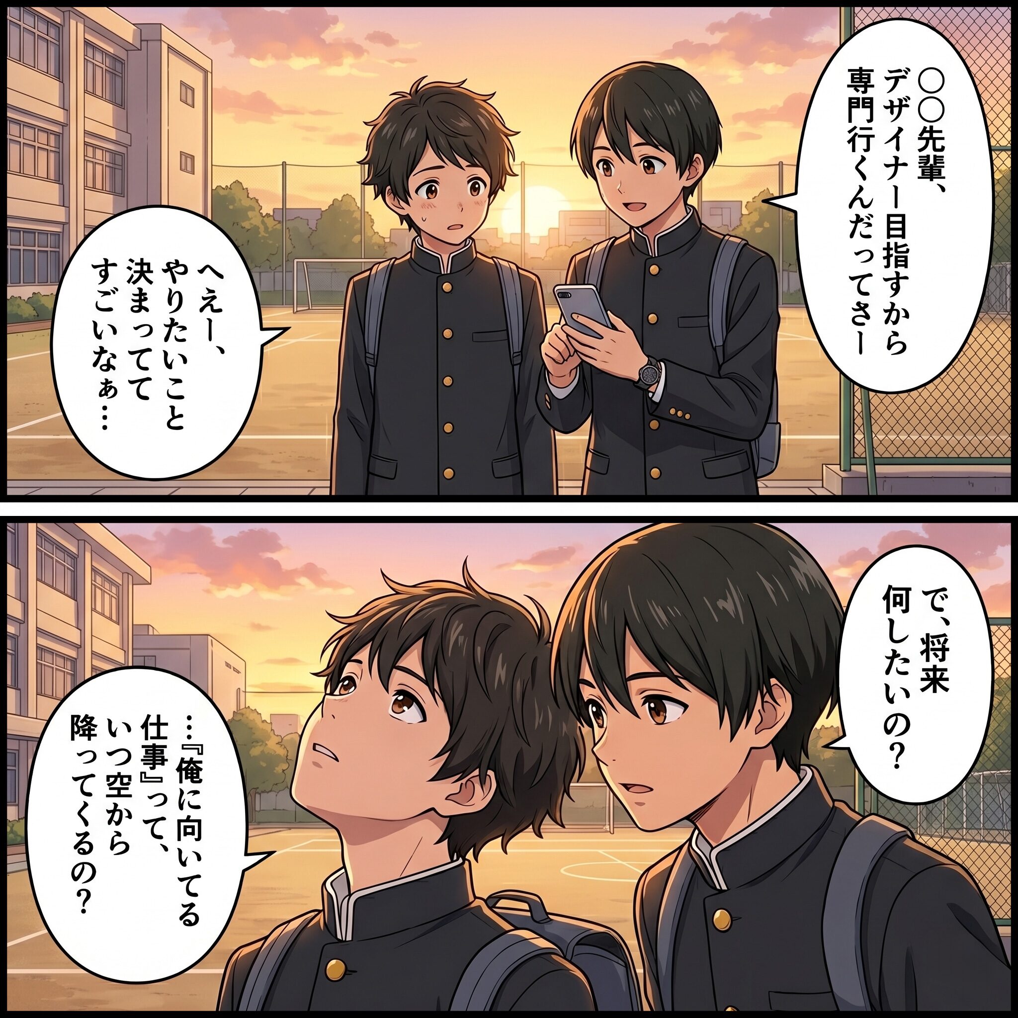 未来ビジネスカレッジコラム_やりたいことが見つからない_放課後に校庭で相談し合う高校生たち