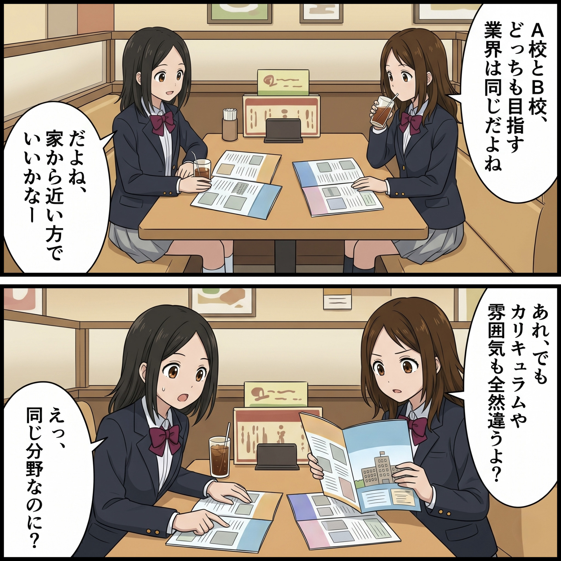 未来ビジネスカレッジコラム_オープンキャンパスで見るべきポイント_カフェで話し合う高校生たち