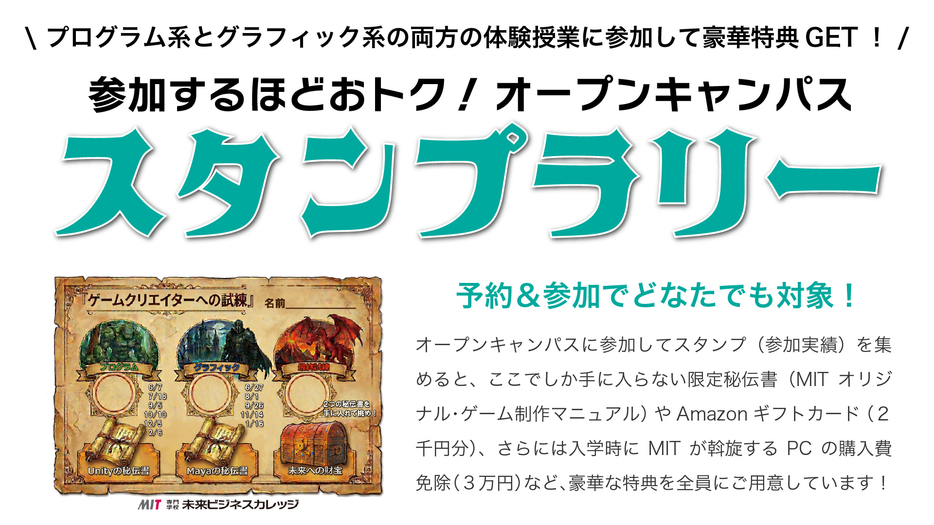 プログラム系とグラフィック系の両方の体験授業に参加して豪華特典GET！
参加するほどお得！オープンキャンパス。
スタンプラリー。
予約＆参加でどなたでも対象！
オープンキャンパスに参加してスタンプ（参加実績）を集めると、ここでしか手に入らない限定秘伝書（MITオリジナル・ゲーム制作マニュアル）やAmazonギフトカード（２千円分）、さらには入学時にMITが斡旋するPCの購入費用免除（３万円）など、豪華な特典を全員にご用意しています！