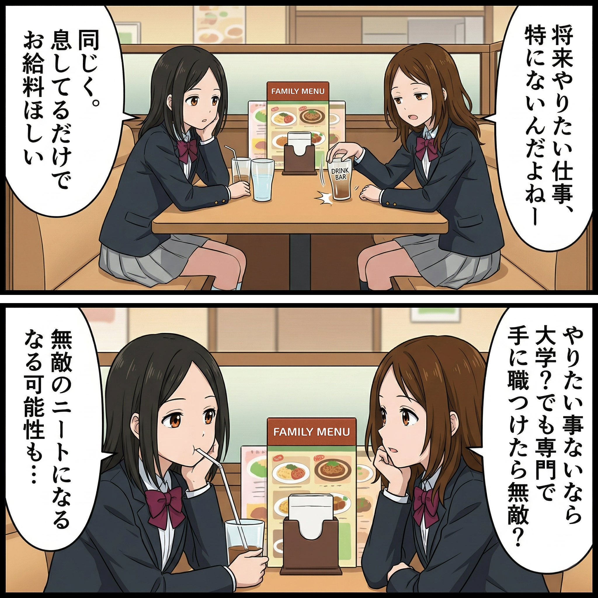 コラム_専門学校と大学の違い_カフェで将来を話し合う高校生二人