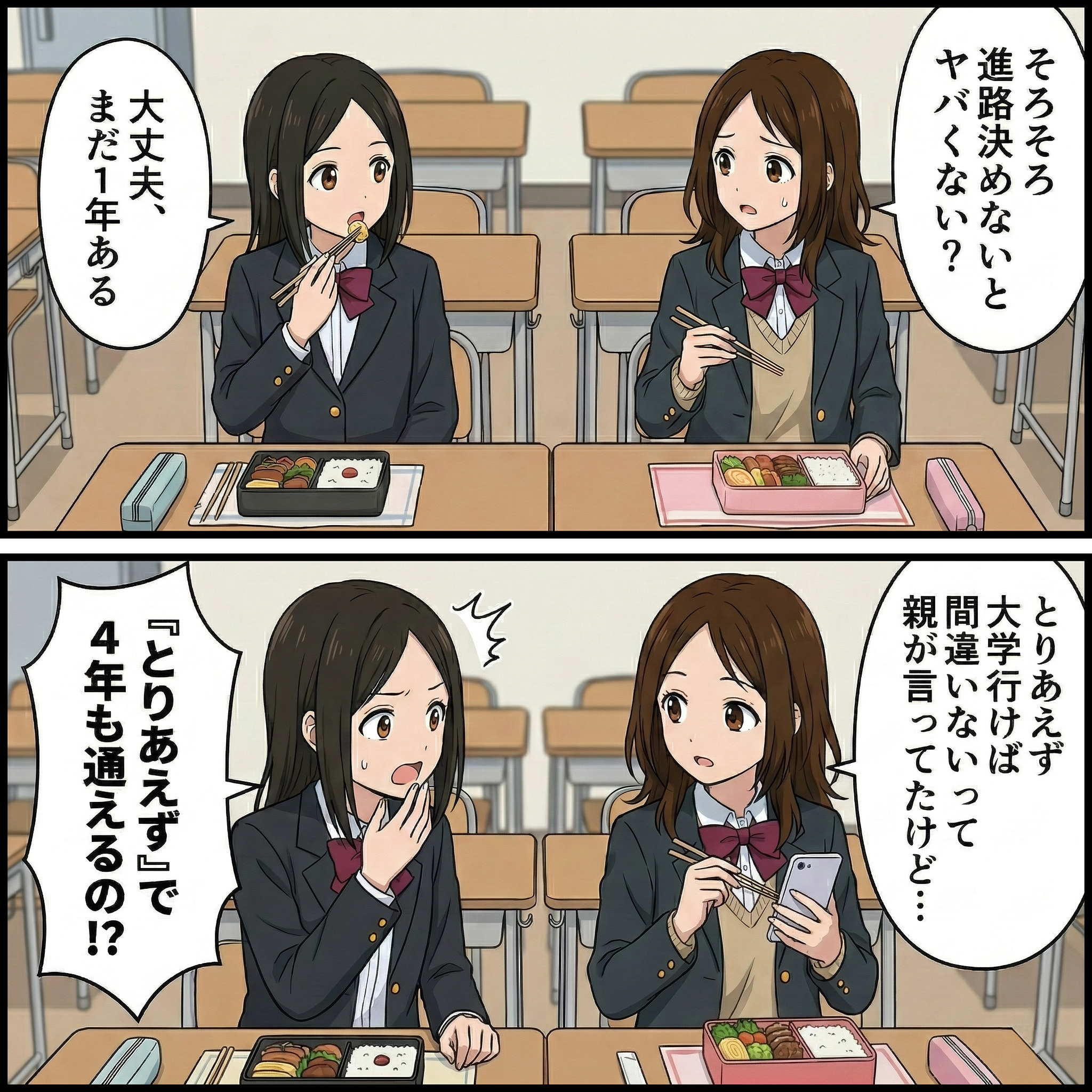 コラム_専門学校と大学の違い_昼食を食べながら相談しあう高校生たち
