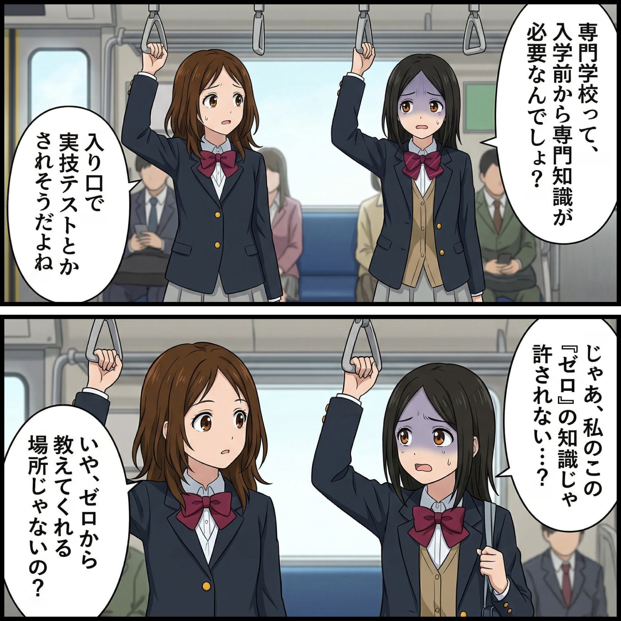 コラム_好きを仕事にするには？_通学電車で将来の進路について話し合う女子高生たち